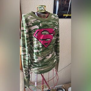DC Comics Women's Camouflage Pullover with Pink Superman Logo